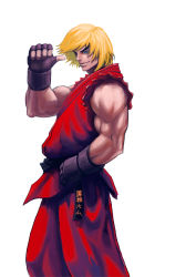 Rule 34 | 1boy, blonde hair, blue eyes, dougi, eyebrows, fingerless gloves, gloves, hand on own hip, ken masters, male focus, muscular, pointing, pointing at self, short hair, sleeveless, solo, street fighter, thick eyebrows, white background, yong nin young