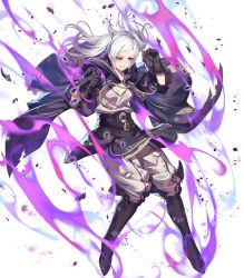 Rule 34 | 1girl, aura, belt, boots, breasts, brown footwear, buttons, chyko, clenched hand, clenched teeth, detached sleeves, fire emblem, fire emblem awakening, fire emblem heroes, full body, gloves, glowing, glowing eyes, grima (fire emblem), highres, injury, knee boots, long coat, long hair, medium breasts, multiple belts, nintendo, official art, pants, parted lips, red eyes, robin (female) (fire emblem), robin (fire emblem), ryona, silver hair, solo, teeth, torn clothes, transparent background, twintails, wizard