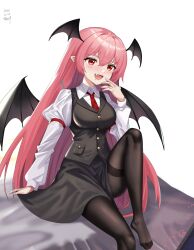 Rule 34 | 1girl, absurdres, bat wings, bed, black skirt, black vest, breasts, collared shirt, dated, drooling, fang, feet, head wings, highres, juliet sleeves, koakuma, large breasts, leg up, light blush, long hair, long sleeves, necktie, pantyhose, pink hair, pocket, pointy ears, puffy sleeves, qinyuzhen, red eyes, red necktie, saliva, shirt, signature, simple background, sitting, skirt, smile, solo, teeth, touhou, upper teeth only, very long hair, vest, white background, white shirt, wings