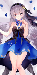 Rule 34 | 1girl, absurdres, bad id, bad pixiv id, bare arms, bare shoulders, black bow, bow, bronya zaychik, bronya zaychik (herrscher of reason), constellation costume, crossed bangs, detached collar, dress, drill hair, grey eyes, grey hair, hair ornament, highres, honkai (series), honkai impact 3rd, lying, mie xing, multicolored clothes, multicolored dress, on back, parted lips, petals, sleeveless, sleeveless dress, solo