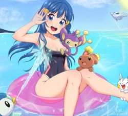 Rule 34 | :d, aipom, armpits, black one-piece swimsuit, blue eyes, blue hair, blue sky, blush, breasts, buneary, casual one-piece swimsuit, cleavage, collarbone, covered navel, creatures (company), dawn (pokemon), eyelashes, game freak, gen 2 pokemon, gen 4 pokemon, hair ornament, hairclip, halterneck, highleg, highleg swimsuit, innertube, long hair, meru rumi, nintendo, ocean, one-piece swimsuit, open mouth, pachirisu, piplup, pokemon, pokemon (creature), pokemon dppt, shiny skin, signature, sky, small breasts, smile, splashing, summer, swim ring, swimsuit, togekiss, very long hair, watermark, web address