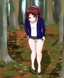 Rule 34 | 1girl, autumn leaves, black footwear, black skirt, blue jacket, blue panties, brown eyes, brown hair, buta no fuguri, clothes lift, forest, grass, have to pee, highres, jacket, leaf, long hair, long sleeves, looking down, nature, open clothes, open jacket, open mouth, panties, ponytail, scrunchie, shirt, shoes, skirt, skirt lift, standing, tree, underwear, white shirt