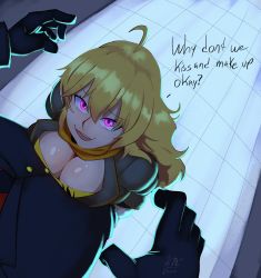 Rule 34 | 1boy, 1girl, ahoge, assertive female, blonde hair, breast press, breasts, cleavage, come hither, english text, etrius, glowing, glowing eyes, head out of frame, height difference, highres, jacket, large breasts, long hair, looking up, naughty face, purple eyes, rwby, scarf, smile, teasing, yang xiao long