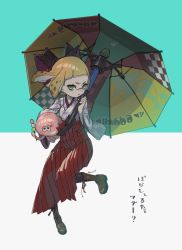 Rule 34 | 1girl, :t, bad id, bad pixiv id, blonde hair, blunt bangs, boots, brown footwear, closed mouth, commentary request, frown, green eyes, grey kimono, hakama, hakama skirt, high-waist skirt, holding, holding umbrella, holding weapon, inkling (language), inkling player character, japanese clothes, kimono, knee boots, long skirt, long sleeves, looking at viewer, lying, mask, nintendo, on stomach, red skirt, short hair, skirt, solo, splat brella (splatoon), standing, standing on one leg, tentacle hair, translation request, umbrella, weapon, wide sleeves, yu-ri (arium047)