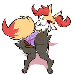 Rule 34 | 1girl, all fours, animal ears, animal hands, ass, between legs, blush, braixen, cameltoe, creatures (company), english text, eyeshadow, feet, female focus, fox ears, fox tail, from behind, full body, furry, furry female, game freak, gen 6 pokemon, glacier clear, half-closed eyes, looking at viewer, looking back, makeup, nintendo, orange eyes, panties, pokemon, pokemon (creature), pokemon xy, purple panties, simple background, smile, solo, stick, tail, text focus, underwear, wavy mouth, white background