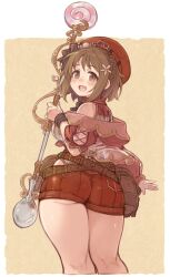 Rule 34 | 1girl, 7010, ass, bare shoulders, blush, breasts, brown eyes, brown hair, candy, flower, food, hair flower, hair ornament, hat, highres, holding, holding staff, idolmaster, idolmaster cinderella girls, large breasts, lollipop, looking at viewer, looking back, mimura kanako, off shoulder, open mouth, pink shirt, plump, red hat, red shorts, shirt, short hair, shorts, smile, solo, staff, thick thighs, thighs