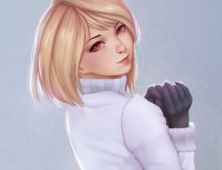 Rule 34 | 1girl, arcueid brunestud, bad id, bad pixiv id, black gloves, blonde hair, chromatic aberration, closed mouth, eyelashes, from behind, from side, gloves, grey background, head tilt, highres, lips, long sleeves, looking at viewer, looking back, miura-n315, own hands together, red eyes, red lips, short hair, simple background, smile, solo, sweater, tsukihime, turtleneck, turtleneck sweater, upper body, w arms