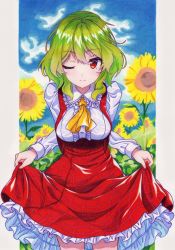Rule 34 | 1girl, ascot, blue sky, blush, breasts, clothes lift, cloud, commentary request, cowboy shot, day, flower, frilled shirt collar, frilled skirt, frills, garden of the sun, green hair, highres, kazami yuuka, kittona, lifting own clothes, long skirt, long sleeves, looking at viewer, medium breasts, one eye closed, open clothes, open vest, outdoors, plaid, plaid skirt, plaid vest, red eyes, red skirt, red vest, shirt, short hair, skirt, skirt lift, skirt set, sky, smile, solo, sunflower, touhou, traditional media, vest, watercolor pencil (medium), wavy hair, white shirt, yellow ascot