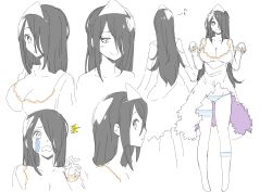 Rule 34 | 1girl, ^^^, absurdres, asymmetrical legwear, bad id, bad twitter id, black hair, blush, breasts, cleavage, closed mouth, donguri suzume, ghost, hair over one eye, hand up, hands up, highres, large breasts, looking at viewer, multiple views, musical note, one eye covered, open mouth, original, panties, parted lips, simple background, single sock, single thighhigh, smile, socks, standing, striped clothes, striped panties, tears, thighhighs, torn clothes, triangular headpiece, underwear, uneven legwear, white background
