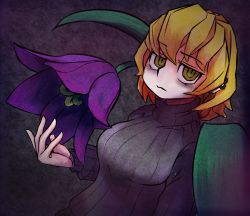 Rule 34 | 1girl, alternate costume, alternate hairstyle, aran sweater, bags under eyes, blonde hair, breasts, cable knit, closed mouth, commentary request, cookie (touhou), dutch angle, expressionless, flower, grey sweater, highres, jijii (nicoseiga91467756), kirisame marisa, large breasts, looking at viewer, mars (cookie), parody, purple flower, ringed eyes, scotch (cookie) (style), short hair, solo, style parody, sweater, touhou, turtleneck, turtleneck sweater, upper body, yellow eyes