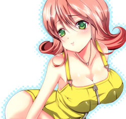 Rule 34 | 1990s (style), 1girl, bare shoulders, blush, bottomless, breasts, cleavage, final fantasy, final fantasy viii, flipped hair, green eyes, jewelry, large breasts, leaning forward, necklace, overalls, sakurada mei, selphie tilmitt, short hair, skirt, smile, solo, white background, yellow skirt