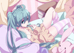Rule 34 | 1girl, :3, aqua eyes, aqua hair, bad id, bad pixiv id, bare shoulders, bed, drawer, eating, hatsune miku, legs, long hair, long sleeves, looking up, lying, nan 2525, on back, on bed, pillow, rabbit, solo, striped clothes, striped thighhighs, stuffed animal, stuffed rabbit, stuffed toy, sweater, thighhighs, twintails, vocaloid