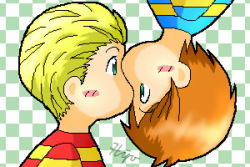 Rule 34 | 2boys, artist request, claus (mother 3), lowres, lucas (mother 3), male focus, mother (game), mother 3, multiple boys, nintendo, oekaki, rotational symmetry, shirt, striped clothes, striped shirt, yaoi