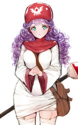 Rule 34 | 1girl, bag, breasts, clothes lift, curly hair, dragon quest, dragon quest ii, dress, garter straps, hat, long hair, medium breasts, poin (hidsuki), princess of moonbrook, purple hair, skirt, skirt lift, square enix, thighhighs, white background, white dress, white thighhighs