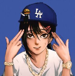 Rule 34 | 1girl, black eyes, black hair, blue background, blue hat, bracelet, chain, chain necklace, chainsaw man, dababy (rapper), double finger gun, finger gun, finger gun to head, hair between eyes, hair ornament, hairclip, hat, higashiyama kobeni, highres, jewelry, looking at viewer, meme, mole, mole under eye, necklace, shirt, signature, simple background, smile, solo, upper body, watch, white shirt, wristwatch, yuevuo