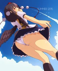 Rule 34 | 1girl, ass, bird wings, black hair, black wings, blue sky, blush, clothes lift, cloud, contrail, day, dominico, from below, gradient background, hat, hat ribbon, highres, looking at viewer, panties, pointy ears, pom pom (clothes), puffy short sleeves, puffy sleeves, red eyes, ribbon, shameimaru aya, shirt, short sleeves, skirt, skirt lift, sky, solo, tokin hat, touhou, underwear, upskirt, white panties, wings