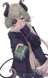 Rule 34 | 1girl, absurdres, black horns, black jacket, blazer, blue eyes, blue skirt, blush, buttons, cardigan, covering own mouth, cowboy shot, curled horns, demon girl, demon tail, embarrassed, enpera, eyepatch, gift, green hair, highres, holding, holding gift, horns, incoming gift, jacket, long sleeves, looking at viewer, medium bangs, nanashi inc., plaid, plaid skirt, pleated skirt, scarf, sekishiro mico, shishishi, short hair, simple background, skirt, solo, tail, transparent background, valentine, virtual youtuber, white cardigan, white scarf