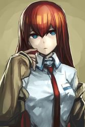Rule 34 | 1girl, blue eyes, breasts, brown hair, collared shirt, hair between eyes, hungry clicker, jacket, long hair, looking to the side, makise kurisu, necktie, off shoulder, shirt, solo, steins;gate, upper body