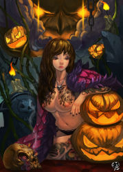 Rule 34 | 1girl, arm rest, arm tattoo, black nails, black panties, breasts, breasts out, brown eyes, brown hair, candle, cape, chain, chest tattoo, cigarette, cloak, feather trim, fire, glowing, glowing eyes, highres, jack-o&#039;-lantern, jewelry, leg tattoo, lips, lipstick, logo, long hair, looking away, looking to the side, makeup, maomao, midriff, nail polish, navel, necklace, nipples, no shirt, original, panties, pink lips, plant, sitting, skull, skull necklace, smoke, solo, tattoo, tombstone, underwear, vines, yin yang
