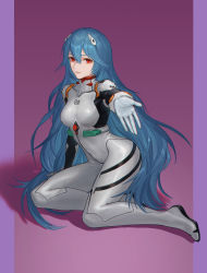 Rule 34 | 1girl, absurdres, ayanami rei, bodysuit, deejey (deejy11), evangelion: 3.0+1.0 thrice upon a time, full body, hair between eyes, hair ornament, highres, huge filesize, long hair, looking at viewer, neon genesis evangelion, outstretched hand, plugsuit, rebuild of evangelion, red eyes, simple background, sitting, solo, very long hair, white bodysuit