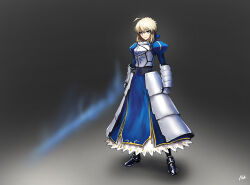Rule 34 | 152 in can, 1girl, absurdres, ahoge, armor, armored dress, artoria pendragon (all), artoria pendragon (fate), blonde hair, blue ribbon, excalibur (fate/stay night), fate/grand order, fate (series), faulds, full body, gauntlets, greaves, green eyes, hair bun, hair ribbon, highres, holding, holding sword, holding weapon, invisible air (fate), ribbon, saber (fate), single hair bun, solo, standing, sword, weapon