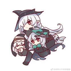 Rule 34 | 3girls, arknights, bag, bare shoulders, black coat, black dress, black footwear, black gloves, black headwear, boots, braid, carrying, carrying under arm, chibi, chinese commentary, clothing cutout, coat, commentary request, dress, elbow gloves, closed eyes, eyes visible through hair, full body, gladiia (arknights), gloves, hair between eyes, hair over one eye, hat, holding, holding bag, kaleka, long hair, long sleeves, looking at viewer, low-tied long hair, multiple girls, navel cutout, official alternate costume, own hands clasped, own hands together, pants, pointy ears, praying, red dress, red eyes, silver hair, skadi (arknights), skadi the corrupting heart (arknights), smile, specter (arknights), sword, thigh boots, thighhighs, weapon, weibo watermark, white pants