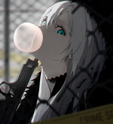 Rule 34 | 1girl, aqua eyes, beretta 92, blurry, blurry background, blowing bubbles, chain-link fence, chewing gum, depth of field, earrings, fence, gun, handgun, highres, holding, holding gun, holding weapon, jewelry, long hair, looking at viewer, original, resolution mismatch, solo, source smaller, stud earrings, trigger discipline, upper body, weapon, white hair, yagi (shiro yagi)