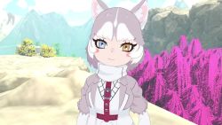 Rule 34 | 1girl, 3d, animal ears, animated, audible music, audible speech, aurelio251, blush stickers, dog (mixed breed) (kemono friends), flower, gloves, heterochromia, kemono friends, kemono friends 2, looking at viewer, necktie, shirt, skirt, solo, sound, stream, tail, video, virtual youtuber, water