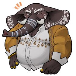 Rule 34 | 1boy, animal ears, bara, bead bracelet, beads, belly, bracelet, closed eyes, closed mouth, collared shirt, commentary request, cropped torso, elephant boy, elephant ears, fat, fat man, furry, furry male, girimekra (housamo), hand on own hip, happy, highres, jacket, jewelry, male focus, muscular, muscular male, notice lines, shirt, signature, simple background, smile, solo, tanaka no azumi, tokyo houkago summoners, tusks, white background, white shirt, yellow jacket, yellow nails
