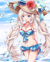 Rule 34 | 1girl, :d, arms behind back, bare shoulders, bead necklace, beads, bikini, blue bikini, blue eyes, blue ribbon, blue sky, blurry, breasts, cleavage, collarbone, cowboy shot, day, depth of field, fate/grand order, fate (series), flower, gem, groin, halterneck, hat, hibiscus, highres, jewelry, large breasts, long hair, looking away, marie antoinette (fate), marie antoinette (fate/grand order), marie antoinette (swimsuit caster) (fate), marie antoinette (swimsuit caster) (third ascension) (fate), mutang, navel, necklace, open mouth, outdoors, ribbon, silver hair, sky, smile, solo, standing, stomach, striped ribbon, sun hat, swimsuit, thighs, twintails, very long hair, water drop