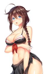Rule 34 | 10s, 1girl, adapted costume, ahoge, alternate breast size, bad id, bad twitter id, bikini, black bikini, blue eyes, blush, braid, breasts, brown hair, collarbone, covering privates, covering crotch, cowboy shot, embarrassed, hair between eyes, hair flaps, highres, kantai collection, large breasts, long hair, looking at viewer, navel, ntk (7t5), open mouth, sarong, shigure (kancolle), shigure kai ni (kancolle), shiny skin, simple background, solo, strap gap, swimsuit, thighs, upper body, white background