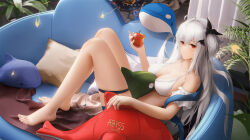 Rule 34 | 1girl, ahoge, apple, arknights, artist name, bare legs, bare shoulders, barefoot, bikini, black ribbon, breasts, cleavage, closed mouth, couch, food, frilled bikini, frills, from side, fruit, full body, grey hair, hair ribbon, highres, holding, holding food, holding fruit, indoors, large breasts, ling dianxia, long hair, looking at viewer, looking to the side, lying, on back, on couch, one side up, orca hair ornament, plant, red eyes, ribbon, sitting, skadi (arknights), skindentation, solo, stuffed orca, swimsuit, thigh strap, very long hair, white bikini