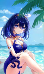 1girl beach blue_eyes blue_hair blue_one-piece_swimsuit blue_sky blush bob_cut breasts cleavage closed_mouth cloud cloudy_sky headband honkai_(series) honkai_impact_3rd large_breasts looking_at_viewer medium_breasts octopus one-piece_swimsuit outdoors seele_vollerei seele_vollerei_(stygian_nymph) seele_vollerei_(stygian_seafoam) sitting sky solo summer swimsuit water white_paper_is_not_paper