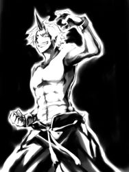 Rule 34 | 1boy, abs, bandages, black background, clenched hand, cuffs, dark, genderswap, genderswap (ftm), greyscale, grin, horns, hoshiguma yuugi, male focus, manly, monochrome, muscular, navel, pants, rex k, topless male, single horn, smile, smirk, solo, touhou
