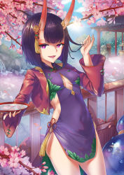 Rule 34 | 1girl, :d, absurdres, alcohol, blunt bangs, bob cut, branch, breasts, cherry blossoms, china dress, chinese clothes, cleavage, cleavage cutout, clothing cutout, covered navel, cowboy shot, cropped jacket, cup, day, dincat, dress, eyeshadow, fangs, fate/grand order, fate (series), gourd, highres, holding, holding cup, horns, jacket, long sleeves, makeup, onsen, open clothes, open jacket, open mouth, outdoors, petals, purple dress, purple eyes, railing, red jacket, rock, sakazuki, sake, short hair, shuten douji (fate), skin-covered horns, small breasts, smile, solo, steam, tassel, thighs, water