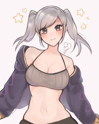 Rule 34 | 1girl, bandeau, bare shoulders, breasts, camisole, cleavage, commentary, fire emblem, fire emblem awakening, grey background, grey eyes, grey hair, highres, jacket, long hair, long sleeves, looking at viewer, medium breasts, midriff, navel, nintendo, open clothes, open jacket, purple jacket, purrlucii, robin (female) (fire emblem), robin (fire emblem), simple background, solo, stomach, twintails, upper body