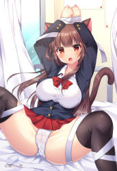 Rule 34 | 1girl, :o, animal ear fluff, animal ears, arms up, bandages, black jacket, black thighhighs, blazer, blush, bound, bound wrists, breasts, brown hair, cat ears, cat girl, cat tail, collared shirt, commentary request, curtains, day, dress shirt, fang, feet out of frame, fujikura ryuune, indoors, jacket, large breasts, looking at viewer, on bed, open mouth, original, panties, pleated skirt, red eyes, red skirt, school uniform, shirt, skirt, solo, tail, thighhighs, underwear, white panties, white shirt, window