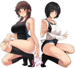Rule 34 | :3, amagami, apron, apron lift, arm at side, artist name, black hair, black one-piece swimsuit, black socks, blue one-piece swimsuit, blush, breasts, brown eyes, brown hair, closed mouth, clothes lift, commentary, commission, competition swimsuit, dated, feet, full body, hair over shoulder, hand on own leg, heart, heel up, highleg, highres, kneehighs, large breasts, legs, light smile, long hair, looking at viewer, messy hair, nanasaki ai, no shoes, nose blush, one-piece swimsuit, pixiv commission, sakurai rihoko, shadow, short hair, sidelocks, signature, simple background, smile, socks, squatting, swimsuit, thighs, tiptoes, toes, two-tone swimsuit, white apron, white background, yoo tenchi