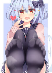 Rule 34 | 1boy, absurdres, blue background, blue bow, blue hair, blush, border, bow, cardigan, collared shirt, crossdressing, fang, feet, foot focus, foreshortening, green bow, hair bow, hand up, heart, highres, inuyama tamaki, knees up, long sleeves, looking at viewer, male focus, medium hair, miniskirt, monkey kusai, no shoes, noripro, open mouth, orange eyes, pink cardigan, pleated skirt, purple thighhighs, school uniform, shirt, sidelocks, sitting, skirt, sleeves past wrists, smell, soles, steaming body, tail, thighhighs, toes, trap, virtual youtuber, white border