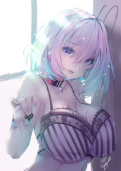 Rule 34 | 1girl, ahoge, backlighting, bad id, bad pixiv id, belt buckle, blue hair, blush, bra, breasts, buckle, candy, chocolate, chocolate heart, chocolate on body, chocolate on breasts, cleavage, collar, commentary request, day, earrings, food, food on body, heart, highres, holding, holding food, idolmaster, idolmaster cinderella girls, jewelry, lace, lace-trimmed bra, lace trim, large breasts, looking at viewer, multicolored hair, navel, noto kurumi, open mouth, pill earrings, pink bra, pink hair, purple eyes, red collar, signature, solo, striped bra, striped clothes, sunlight, two-tone hair, underwear, underwear only, upper body, vertical-striped bra, vertical-striped clothes, yumemi riamu