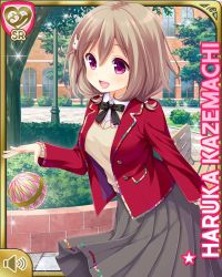 Rule 34 | 1girl, black bow, blazer, bow, bowtie, brown hair, rabbit hair ornament, card (medium), character name, day, dress, girlfriend (kari), grey dress, hair ornament, hairclip, jacket, kazemachi haruka, long sleeves, looking at viewer, official art, open mouth, outdoors, park, pink eyes, pleated dress, qp:flapper, red jacket, school uniform, short hair, smile, solo, standing, sweater vest, tagme, tareme, treble clef, yellow sweater vest