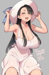 Rule 34 | 1girl, :d, adjusting clothes, adjusting headwear, agawa ryou, arms up, artist name, bare arms, bare shoulders, black hair, blue eyes, blush, breasts, cleavage, collarbone, commentary, curvy, dated, dress, english commentary, grey background, hair behind ear, half-closed eyes, hat, large breasts, long hair, looking at viewer, narrow waist, open mouth, original, sleeveless, sleeveless dress, smile, solo, straight hair, sun hat, sundress, swept bangs, teeth, thick thighs, thighs, upper teeth only, white dress, white hat