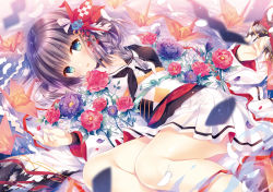 Rule 34 | 1girl, blue flower, braid, breasts, choker, cleavage, collarbone, feathers, flower, green eyes, hair between eyes, hair flower, hair ornament, hair ribbon, highres, long hair, looking at viewer, lying, miniskirt, on back, original, pleated skirt, ribbon, side braid, silver hair, skirt, small breasts, solo, tatekawa mako, white feathers, white ribbon, white skirt