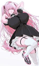 Rule 34 | 1girl, arm up, black collar, breasts, collar, ear piercing, earrings, fingernails, frills, highres, huge breasts, jewelry, large breasts, long hair, lying, o-ring, o-ring collar, on back, original, parted lips, piercing, pink eyes, pink hair, pink lips, puffy sleeves, shoes, simple background, skindentation, sneakers, solo, spikes, thighhighs, twintails, very long hair, white background, white thighhighs, zkstxxx