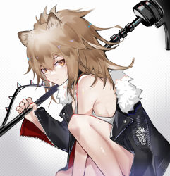 Rule 34 | 1girl, absurdres, animal ear fluff, animal ears, arknights, bare shoulders, black jacket, black nails, breasts, brown eyes, brown hair, closed mouth, eyebrows hidden by hair, from side, gradient background, grey background, highres, holding, holding weapon, jacket, knee up, lion ears, long hair, long sleeves, looking at viewer, looking to the side, medium breasts, nail polish, off shoulder, on one knee, open clothes, open jacket, ponytail, s 4ik4, shirt, sideboob, siege (arknights), solo, weapon, white shirt