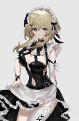 Rule 34 | 1girl, alternate costume, apron, black bow, black bowtie, black dress, blonde hair, bow, bowtie, breasts, cleavage, closed mouth, clothing cutout, dress, enmaided, frilled dress, frills, garter straps, genshin impact, grey background, highres, looking at viewer, lumine (genshin impact), maid, maid apron, maid headdress, medium breasts, navel cutout, raiya atelier, short hair with long locks, sidelocks, simple background, single sleeve, single thighhigh, skirt hold, solo, thighhighs, white thighhighs, yellow eyes
