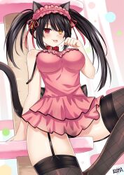 Rule 34 | 1girl, :p, alternate costume, animal ears, arm behind back, asymmetrical hair, black hair, blush, breasts, cat day, cat ears, cat girl, cat tail, clock eyes, cowboy shot, date a live, dress, garter straps, hairband, heterochromia, highres, indoors, kemonomimi mode, large breasts, leg up, legs apart, lewdkuma, lolita hairband, paw pose, pink dress, red eyes, smile, solo, symbol-shaped pupils, tail, thighhighs, thighs, tokisaki kurumi, tongue, tongue out, twintails, yellow eyes