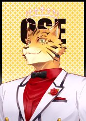Rule 34 | 1boy, black bow, black bowtie, bow, bowtie, brown fur, character name, flower, furry, furry male, green eyes, halo, highres, jacket, looking at viewer, male focus, multicolored fur, ose (housamo), panther boy, panther ears, portrait, red flower, red rose, red shirt, rose, shirt, solo, sumi wo hakuneko, tokyo houkago summoners, whiskers, white jacket, yellow fur