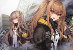 Rule 34 | 2girls, :d, armband, black coat, black ribbon, black skirt, blush, brown hair, building, chain-link fence, closed mouth, coat, commentary request, coyucom, day, double vertical stripe, fence, fog, girls&#039; frontline, hair between eyes, hair ornament, hands in pockets, long hair, long sleeves, multiple girls, one side up, open clothes, open coat, open mouth, outdoors, red eyes, ribbon, ruins, scar, scar across eye, scar on face, shirt, sidelocks, skirt, smile, ump45 (girls&#039; frontline), ump9 (girls&#039; frontline), upper body, very long hair, waving, white shirt, yellow eyes