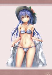 Rule 34 | 1girl, bandeau, bare arms, bare shoulders, bikini, black headwear, blue bikini, blue hair, blush, breasts, cleavage, closed mouth, collarbone, fii fii (feefeeowo), food, fruit, hair between eyes, hat ornament, hinanawi tenshi, holding, leaf, long hair, looking at viewer, navel, peach, red eyes, ribbon, side-tie bikini bottom, signature, small breasts, smile, solo, stomach, strapless, strapless bikini, swimsuit, thighs, touhou, white ribbon